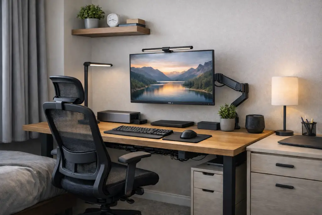 Work corner in a small apartment with ergonomic desk setup, monitor and lighting for working from home